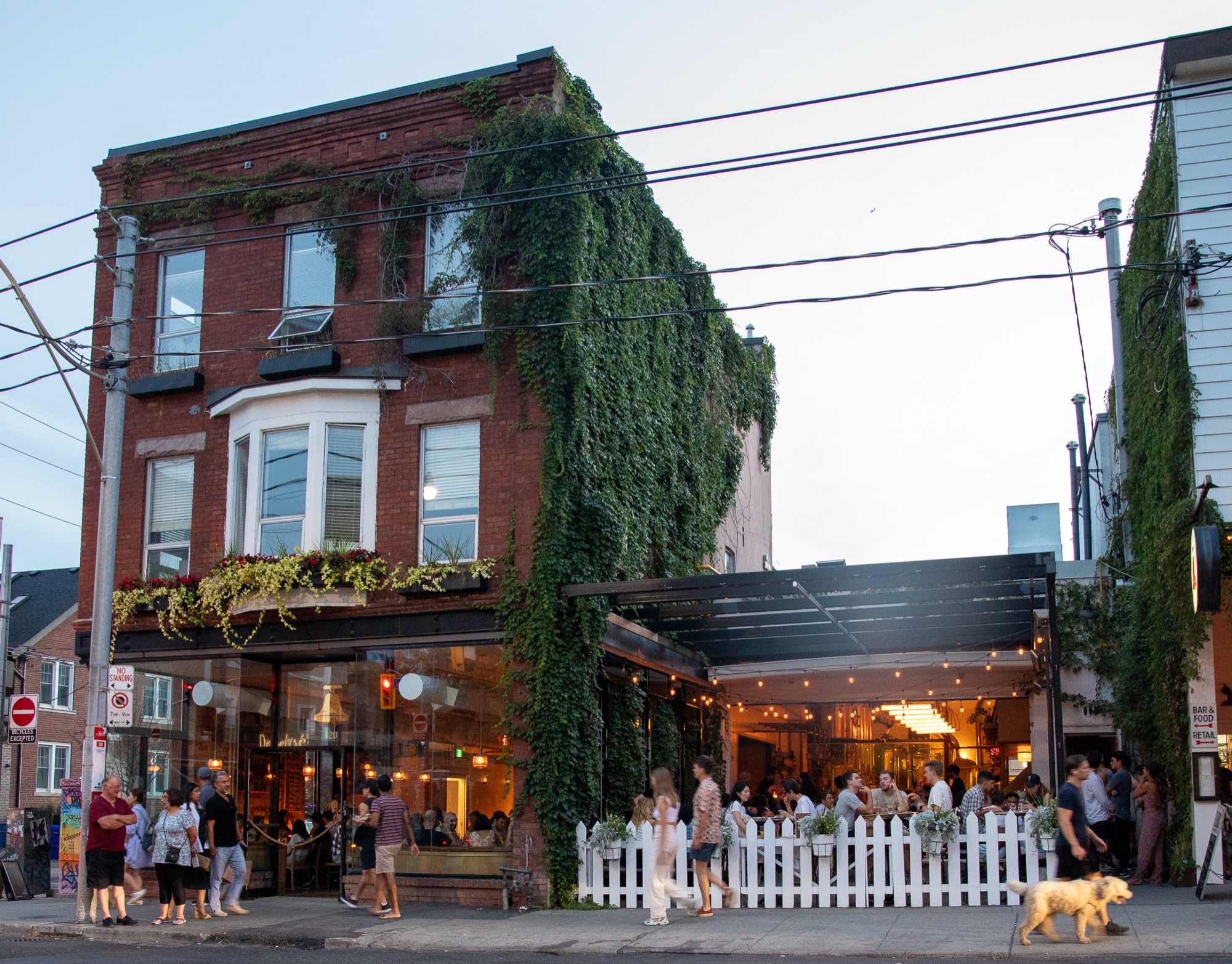 The ivy-covered Ossington brewpub with a full patio at dusk